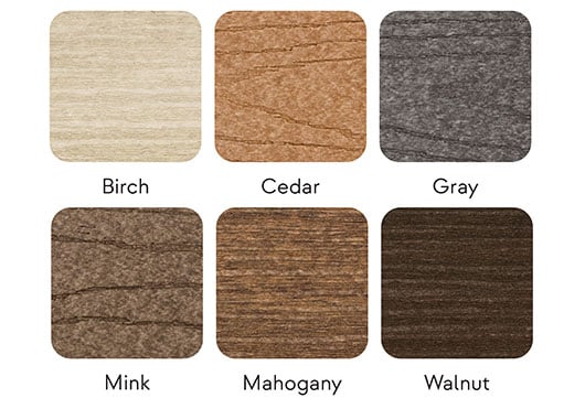 Six squares of different colored wood-grain materials