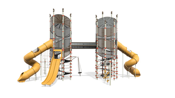 3D render of two tall net-based playground towers connected by a tunnel