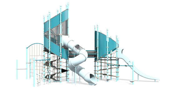 Two turquoise-colored playground towers with net-climbing material in the middle