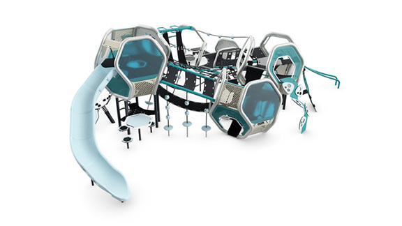 Render of a turquoise and light blue playground structure with hexagon-shaped pods and a curved slide.
