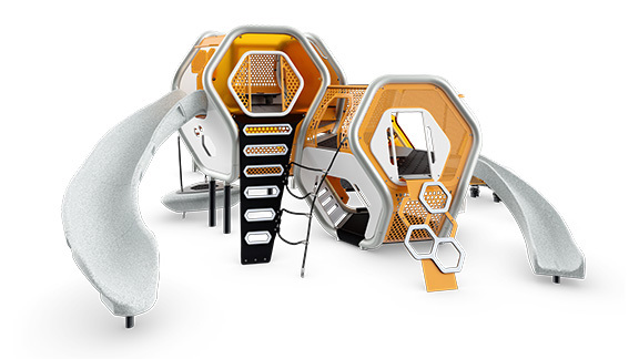 Render of a playground structure with orange and white hexagon-shaped pods and two slides