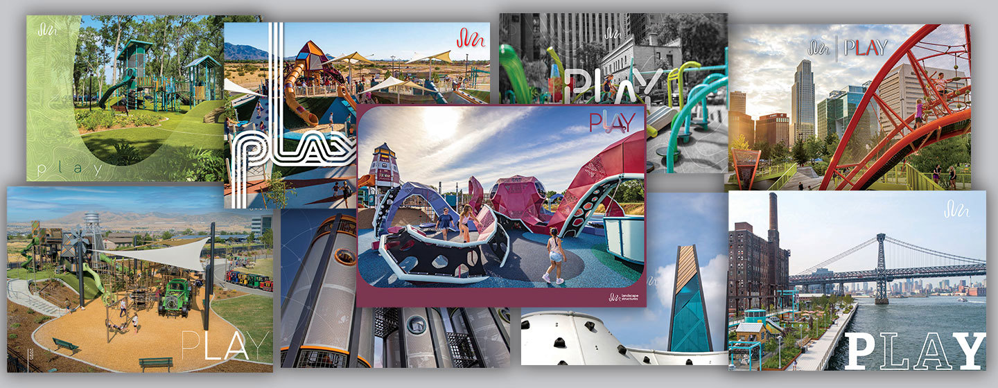 Image shows a collection of books with photos of playgrounds on the cover laying in a collage with one that shows a kraken play structure on top.