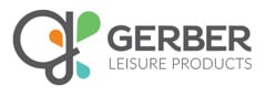 Gerber Leisure Products logo made of lower case "g" with tail of "g" sweeping back over itself. Three different color tear drop shapes around "g". Text to the right reading Gerber Leisure Products