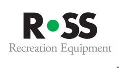 Ross Recreation Equipment logo made of an R and two SS black bold font. O white with green dot for center of "o". Grey text below reads: Recreation Equipment.