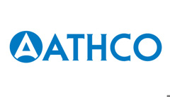 Athco logo made of blue circle with white triangle inside with rounded bottom. Blue text to right reading: Athco.