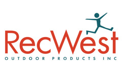 RecWest Outdoor Products logo made of rainbow child stick figures doing cart wheels around red text reading: RecWest. Purple text below reads: Outdoor Products,