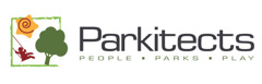 Parkitects logo made of green square with maroon child silhouette swinging, green tree, gold star with maroon spiral. Text to the right reads: Parkitects. Text below that reads: People, parks, play.
