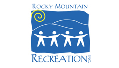 Rocky Mountain Recreation logo made of blue rectangle, yellow swirl top left corner, white hills, four white children silhouettes. Text above the rectangle reads: Rocky Mountain. Text below the rectangle reads: Recreation