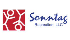 Sonntag Recreation logo made of red square with two white stick figures one right side up the second upside-down. Blue Text to the right reads Sonntag Recreation.