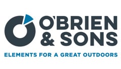 O'Brien and Sons Elements for a Great Outdoors logo made of a bold circle outline with blue triangle in the top right of the circle. Black text to right: O'Brien & Sons. Blue text below reading: Elements For a Great Outdoors.