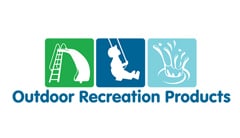 Outdoor Recreation Products logo made of three squares, left square green with white slide vector image, middle square dark blue with a white silhouette of a young boy swinging, right square is light blue with white water ripple splash vector. Text below reading: Outdoor Recreation Products.