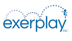 Exerplay logo made of dots changing in gradient of blue making bouncing ball path over the text below leading to a stick figure at the end of the Y in Exerplay INC.