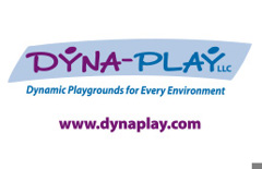 Dyna-Play logo made of a slanted light blue rectangle with text in purple and blue reading: Dyna-Play LLC. Text below in blue reads: Dynamic Playgrounds for Every Environment. Purple text below reading: www.dynaplay.com