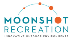 Moonshot Recreation Innovative Outdoor Environments logo made of curved moon shape line with four orange circles smallest to largest. Largest circle is the "o" in the text Moonshot. Text below reads: Recreation Innovative Outdoor Environments.