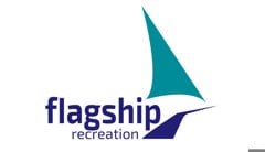 Flagship Recreation logo made of teal triangle shaped like boat sail with dark blue shape underneath to represent hull of ship. Text to the left of the ship hull reading: flagship recreation.