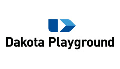 Dakota Playground Division of Dakota Fence logo made of a blue rectangle with a white triangle in the bottom right. White text in the rectangle reads: Park, Playground & Athletic Equipment. Black text below reading: Dakota Playground.