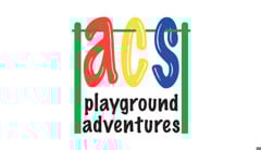 ACS Playground Adventures logo with a Red A, Yellow C, and Blue S hanging on green hang bar. A Landscape Structures playground rep.