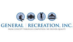 General Recreation logo made of four circles containing a black silhouettes of a boy skateboarding, a couple sitting on a bench, a child swinging, a gazebo. Text below reads: General Recreation, From Concept Through Completion, We Deliver Quality.