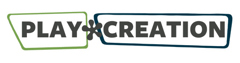 PlayCreation logo with the word "Play" in all capitals has a lighter green skewed rectangle shape outlining it. Bold rounded asterisk in the middle. "Creation" all capitalized has a dark green skewed rectangle shape outlining it.