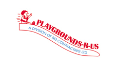 Playgrounds-R-Us logo made of a young child drawing in red sliding down the top of a slide shape. Bold red text follows the shape of the slide in front of the child reading: Playgrounds-R-Us. Blue text inside the slide in all capitals reads: A Division of M3 Contracting LTD.