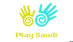 Play Saudi logo made of a small yellow hand on left with spiral cut out in the palm and a larger aqua hand on right with the same spiral cut out in the palm.. Text below in yellow reads: Play Saudi.