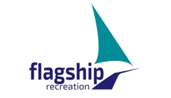 Flagship Recreation logo made of teal triangle shaped like boat sail with dark blue shape underneath to represent hull of ship. Text to the left of the ship hull reading: flagship recreation.