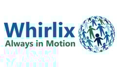 Whirlix logo made of blue text reading Whirlix. Green text below reads: Always in Motion. A sphere shape made up of different blue and green children holding hand silhouettes.
