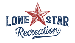 Lone Star Recreation logo made of navy blue distressed text reading Lone Star. A distressed red nautical star sits in between Lone and Star. Text below in distressed cursive font reads: recreation.