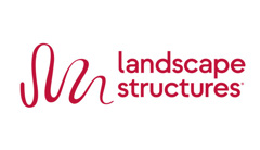 Landscape Structures logo made of a red squiggle above the text Landscape Structures on a tan background