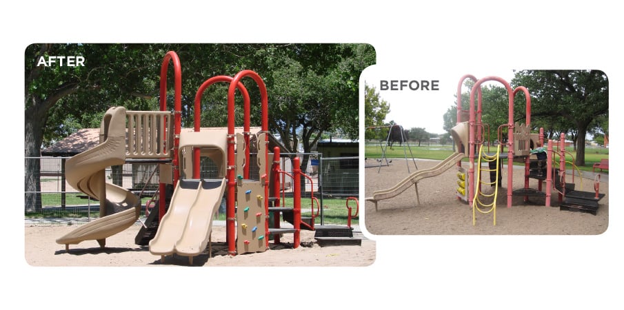 Before and after images of a retrofit program used on a red and tan playground.

