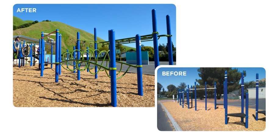 Before and after images of a retrofit program used on a blue playground.
