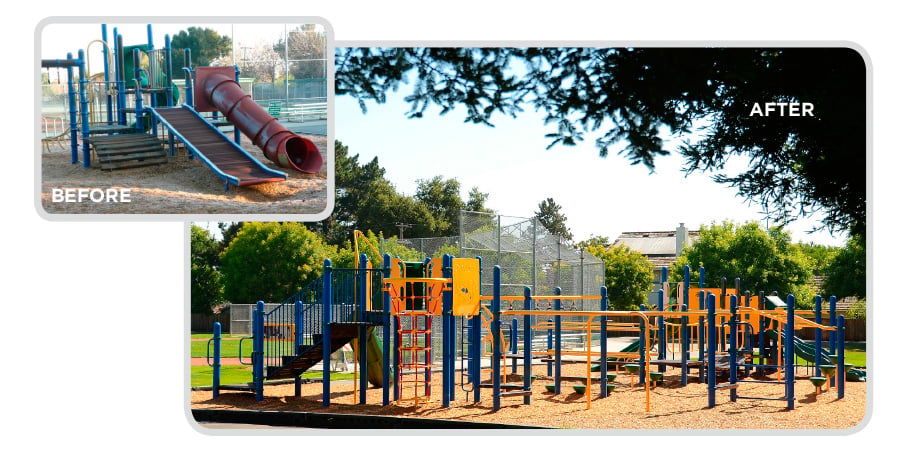 Before and after images of a retrofit program used on a playground next to a baseball field.