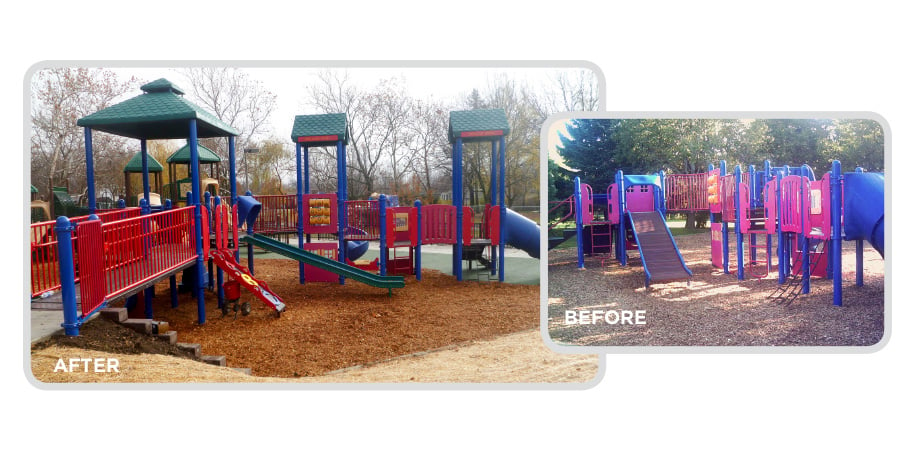 Before and after images of a retrofit program used on a park playground, making it into a inclusive playground.
