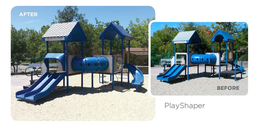 Before and after images of a retrofit program used on a play shaper playground.