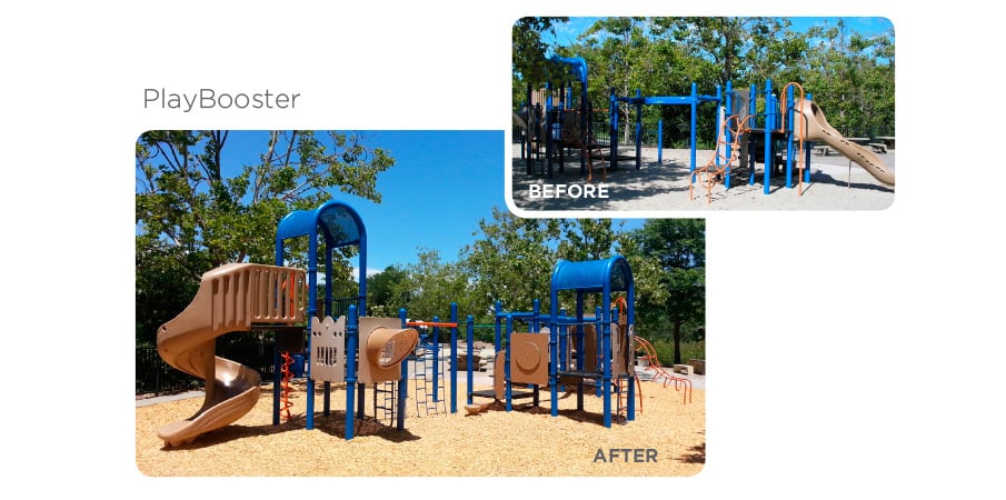 Before and after images of a retrofit program used on a park playground,.