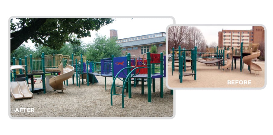 Before and after images of a retrofit program used on a park playground,.