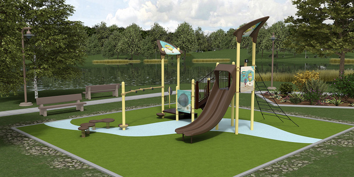 Rendering of a brown and yellow playground against the backdrop of an inland lake. 