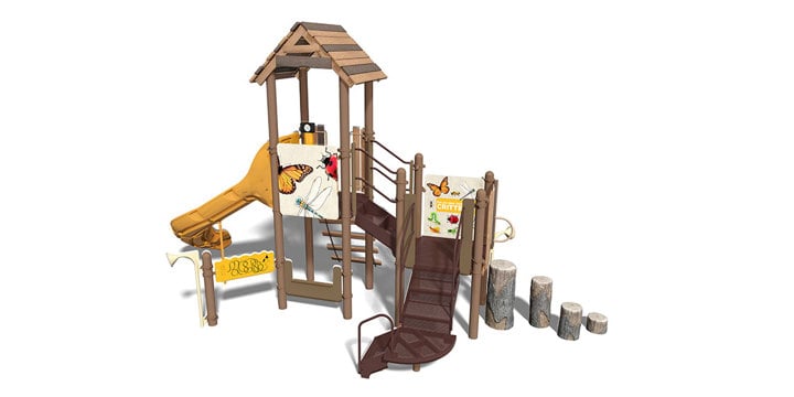 Rendering of a PlayBooster playstructure with digifuse panels with bugs and butterflies. 