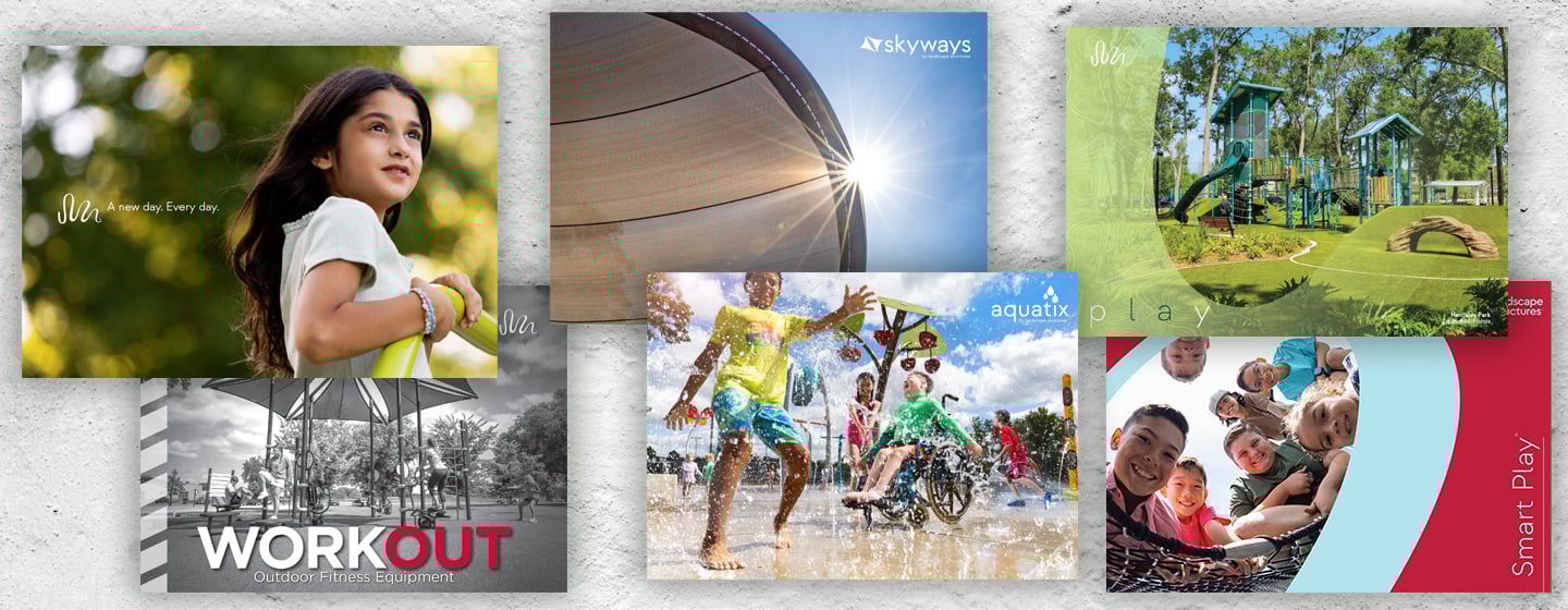 Collage of catalogs from Landscape Structures playground manufacturer