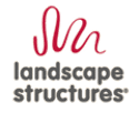 Landscape Structures logo is made of a red ribbon undulating above the text Landscape Structures.